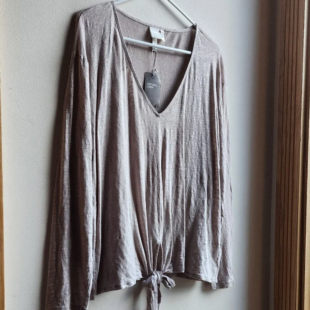 NWT H&M Natural 100% Linen V-Neck Tie-Front Jersey Size XL